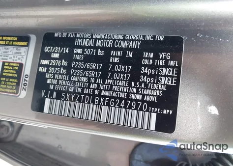 2015 Hyundai Santa Fe Sport 2.4L z USA, uszkodzony, nr VIN 5XYZTDLBXFG247970